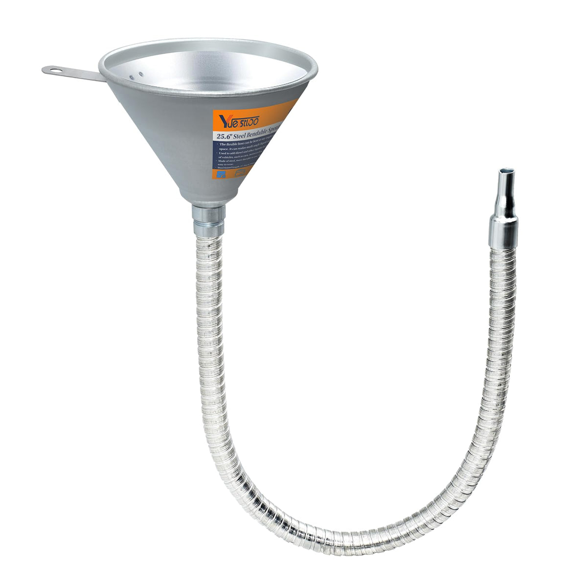 Yuesstloo front view steel funnel showing full length and durable build for precise pours