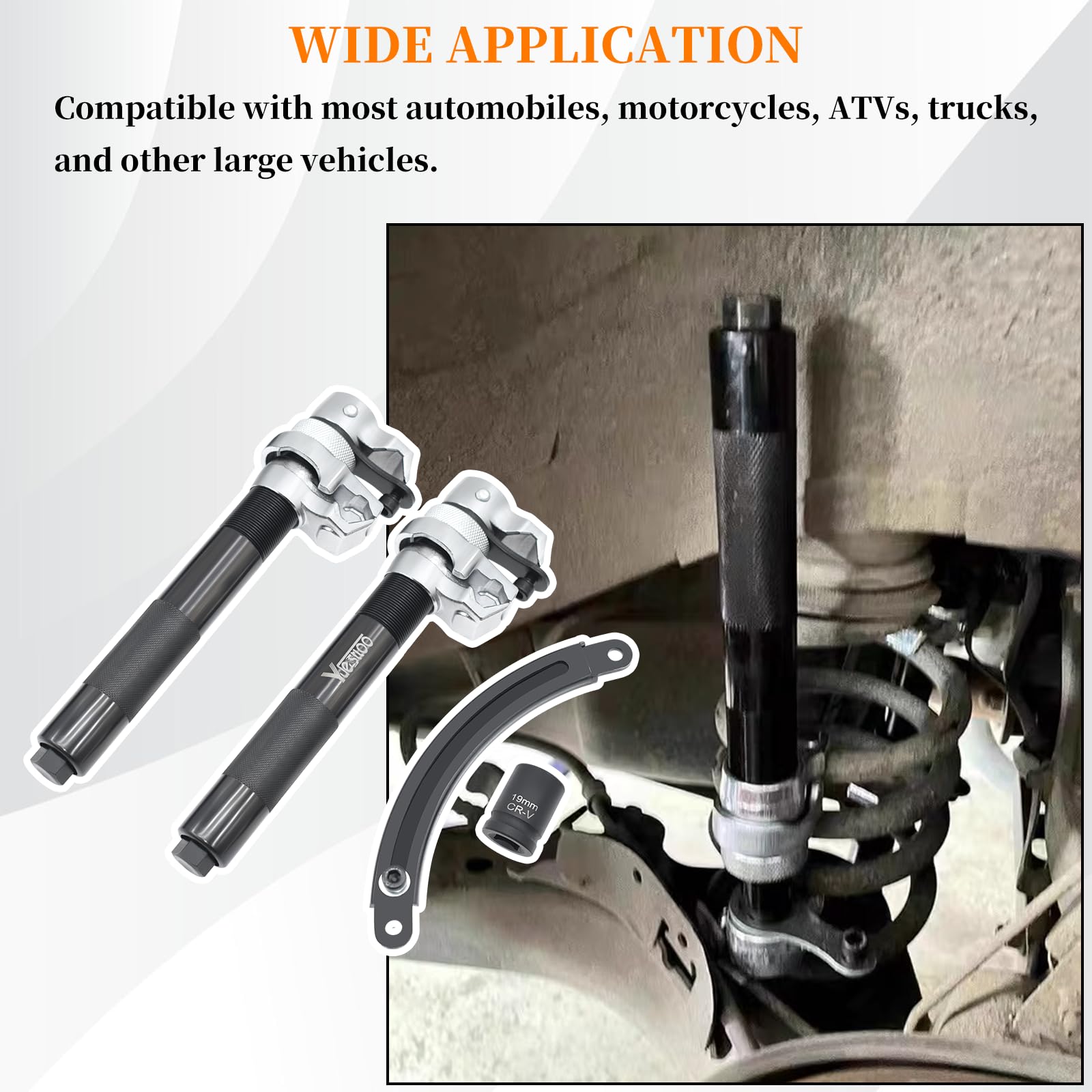 Yuesstloo tool in use compressing a car strut for safe spring removal