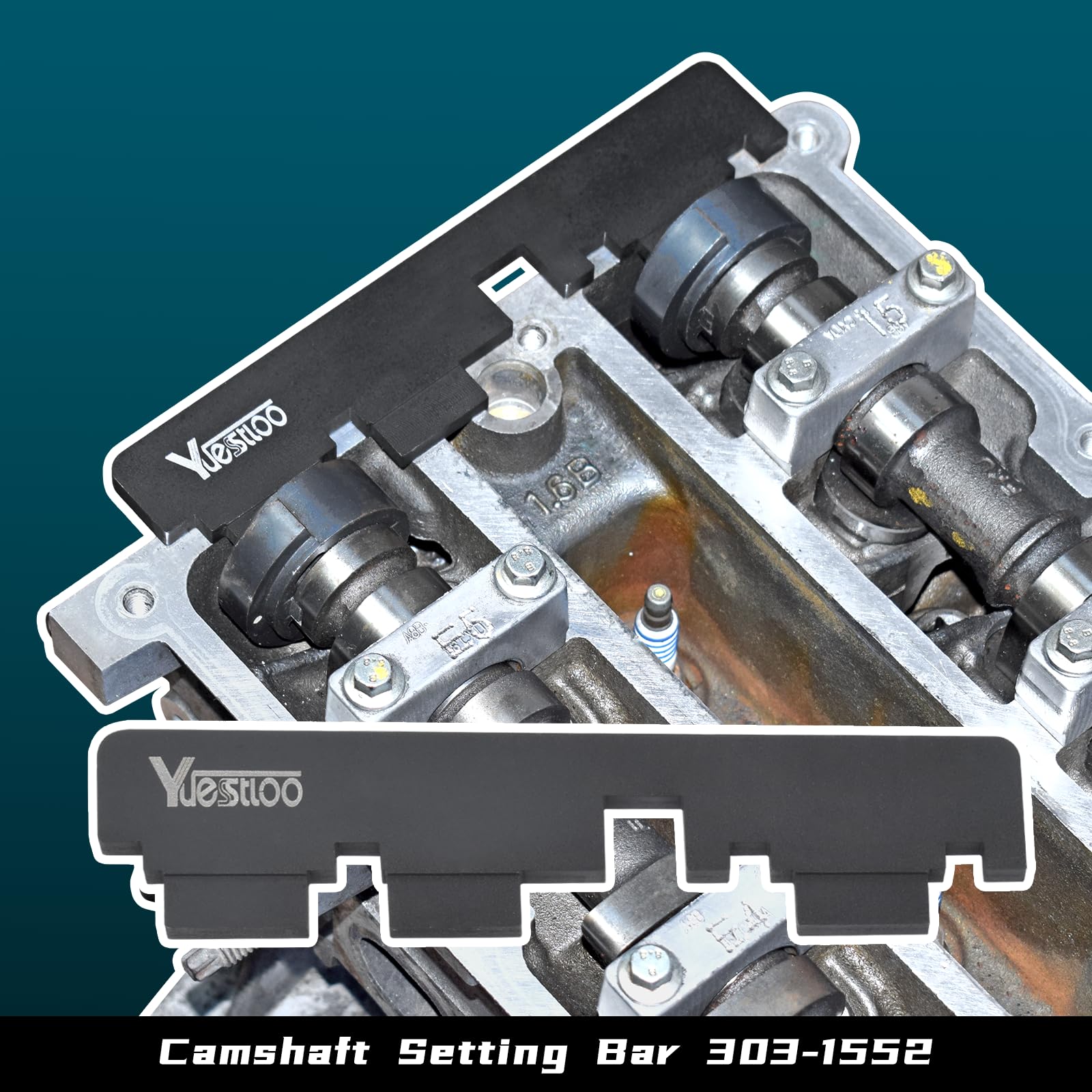Yuesstloo tool engaged on engine camshaft to secure timing position