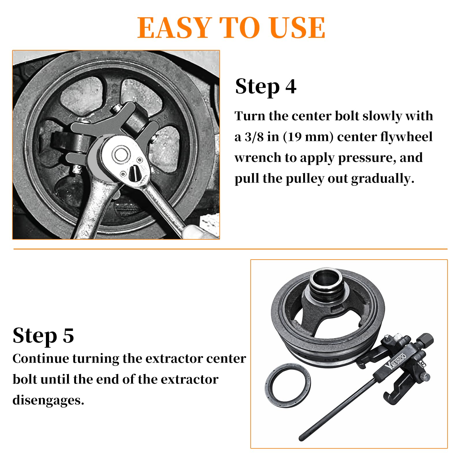 Yuesstloo tool in use on engine pulley showing removal without removing radiator