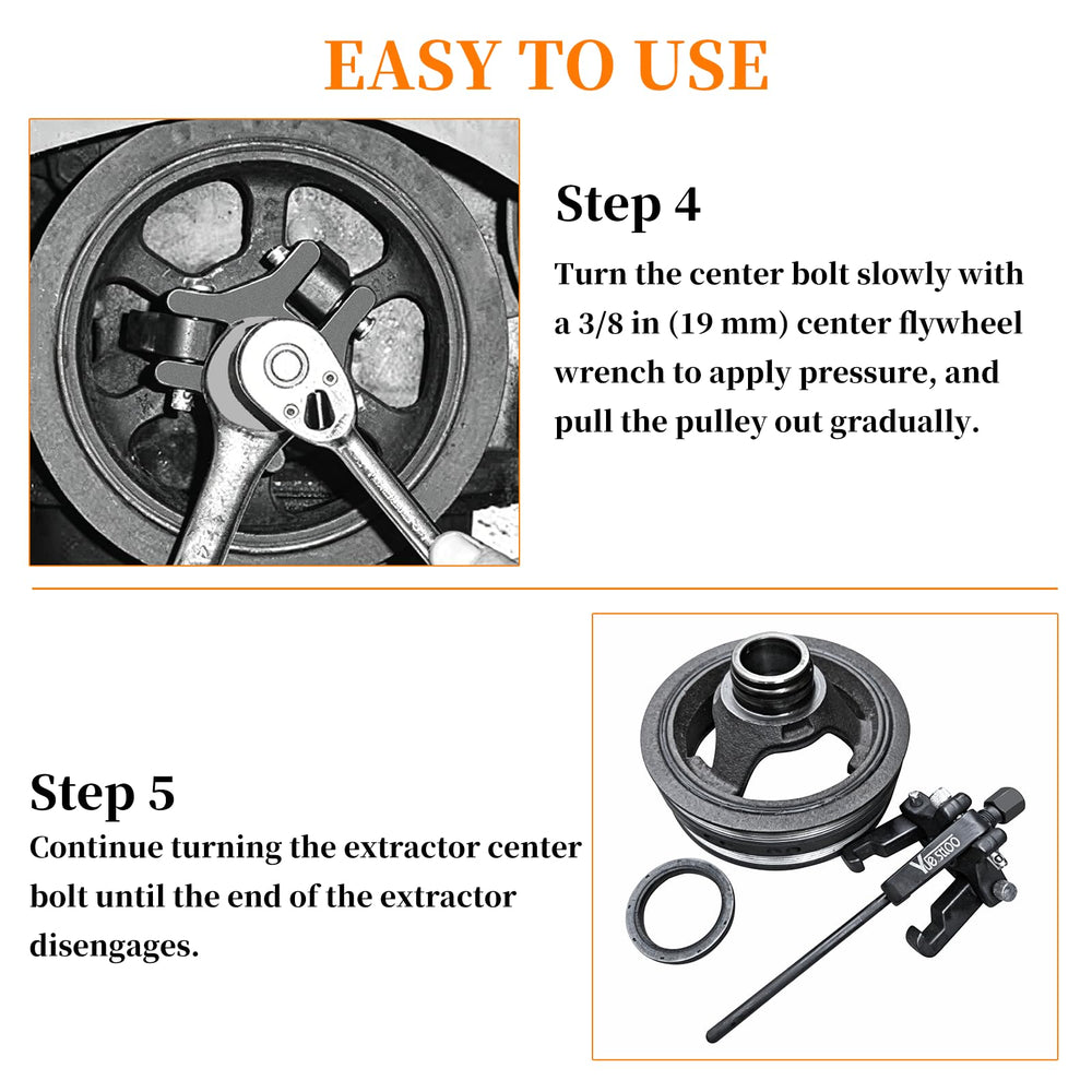Yuesstloo tool in use on engine pulley showing removal without removing radiator