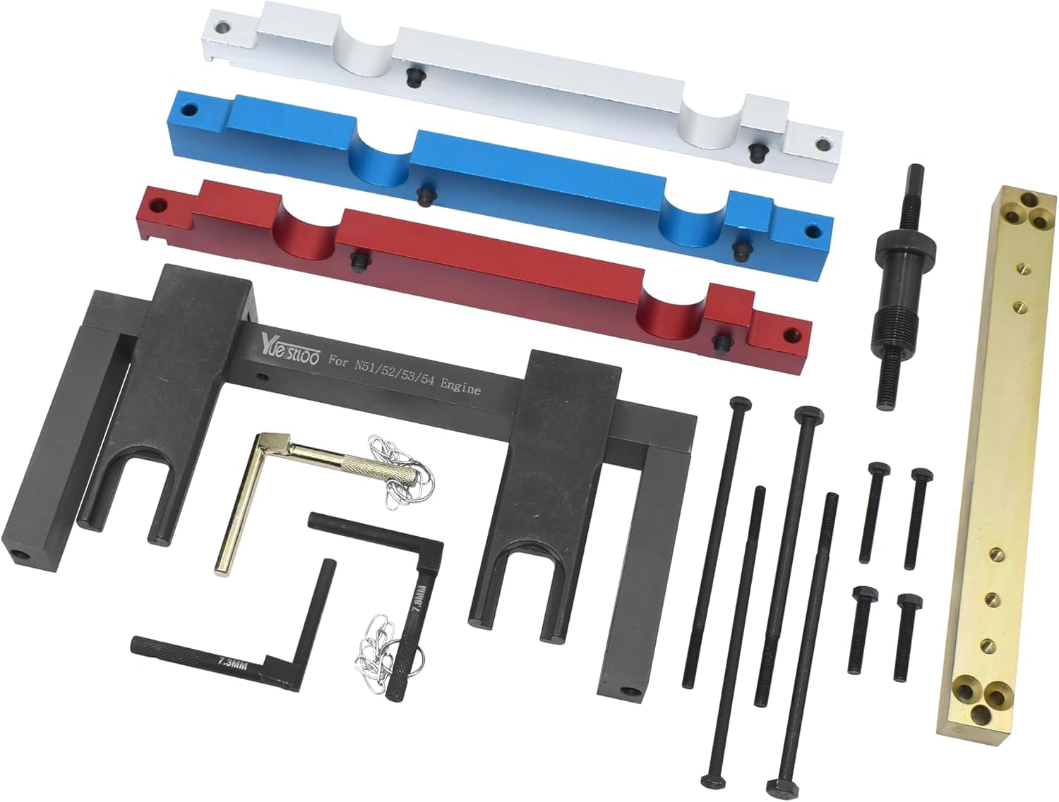Yuesstloo tools installed on BMW engine to secure camshaft timing accurately
