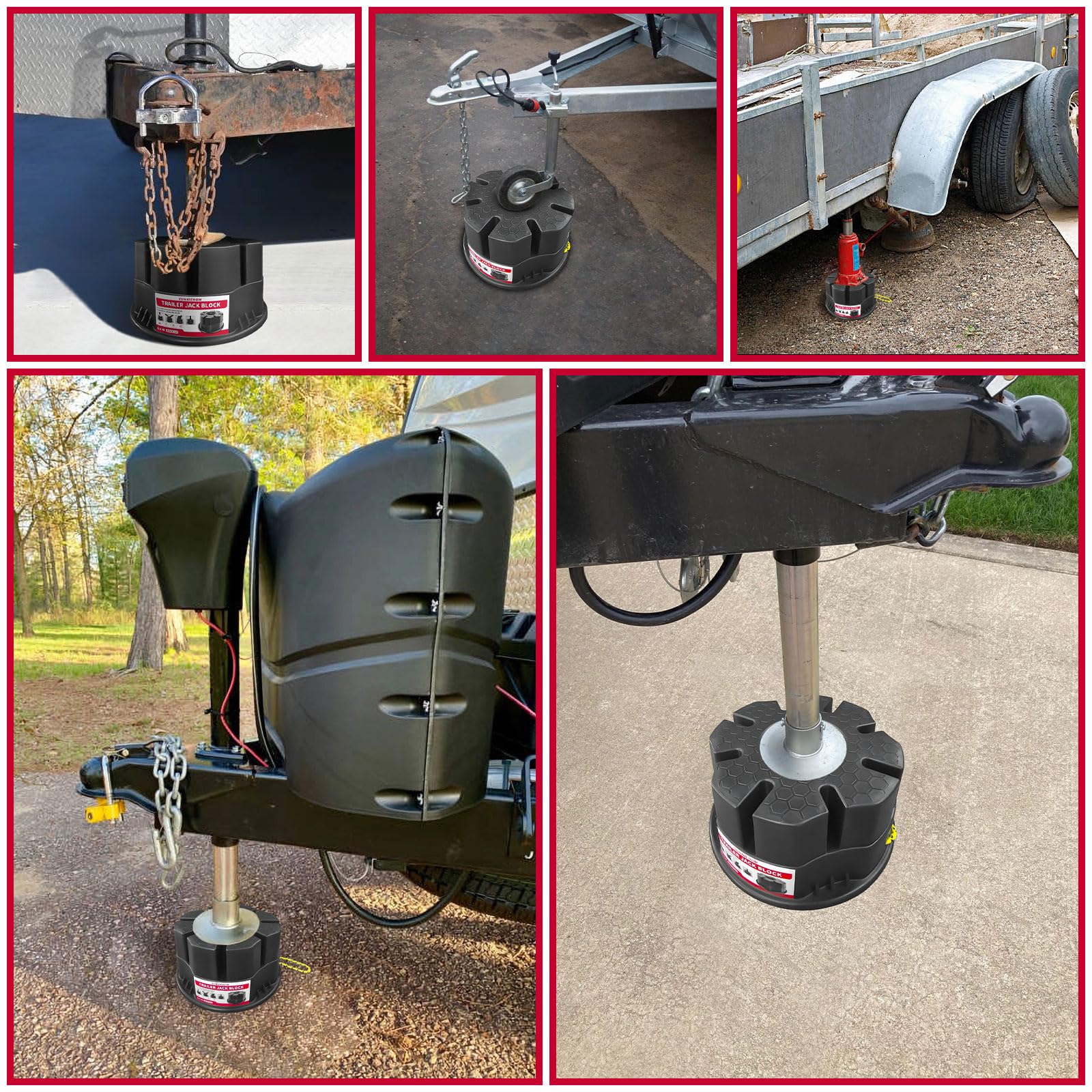 YUNNIEHOM installed at campsite under jack showing steady trailer support