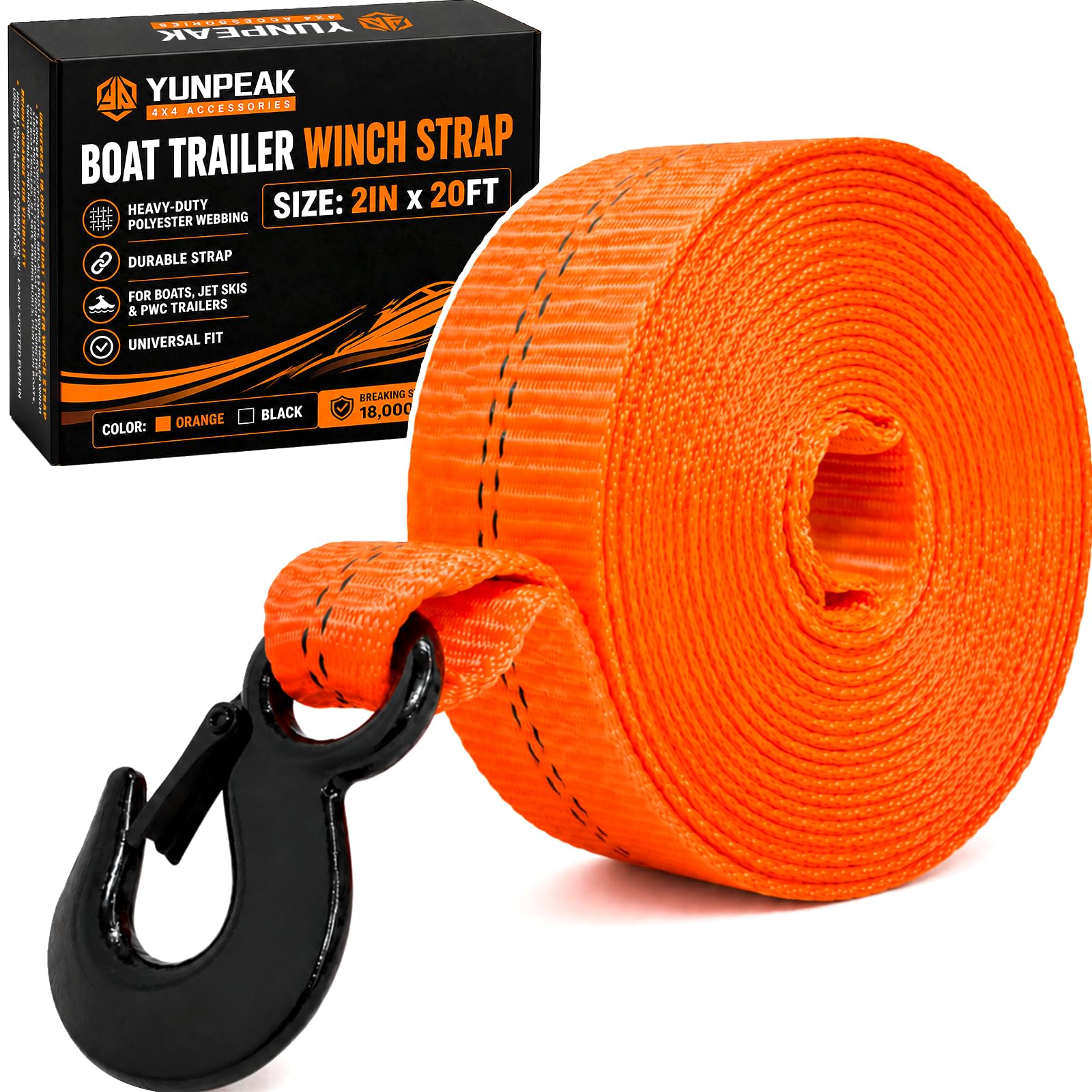 YUNPEAK front view of packaged 2x20ft winch strap showing brand and labeling for reliability