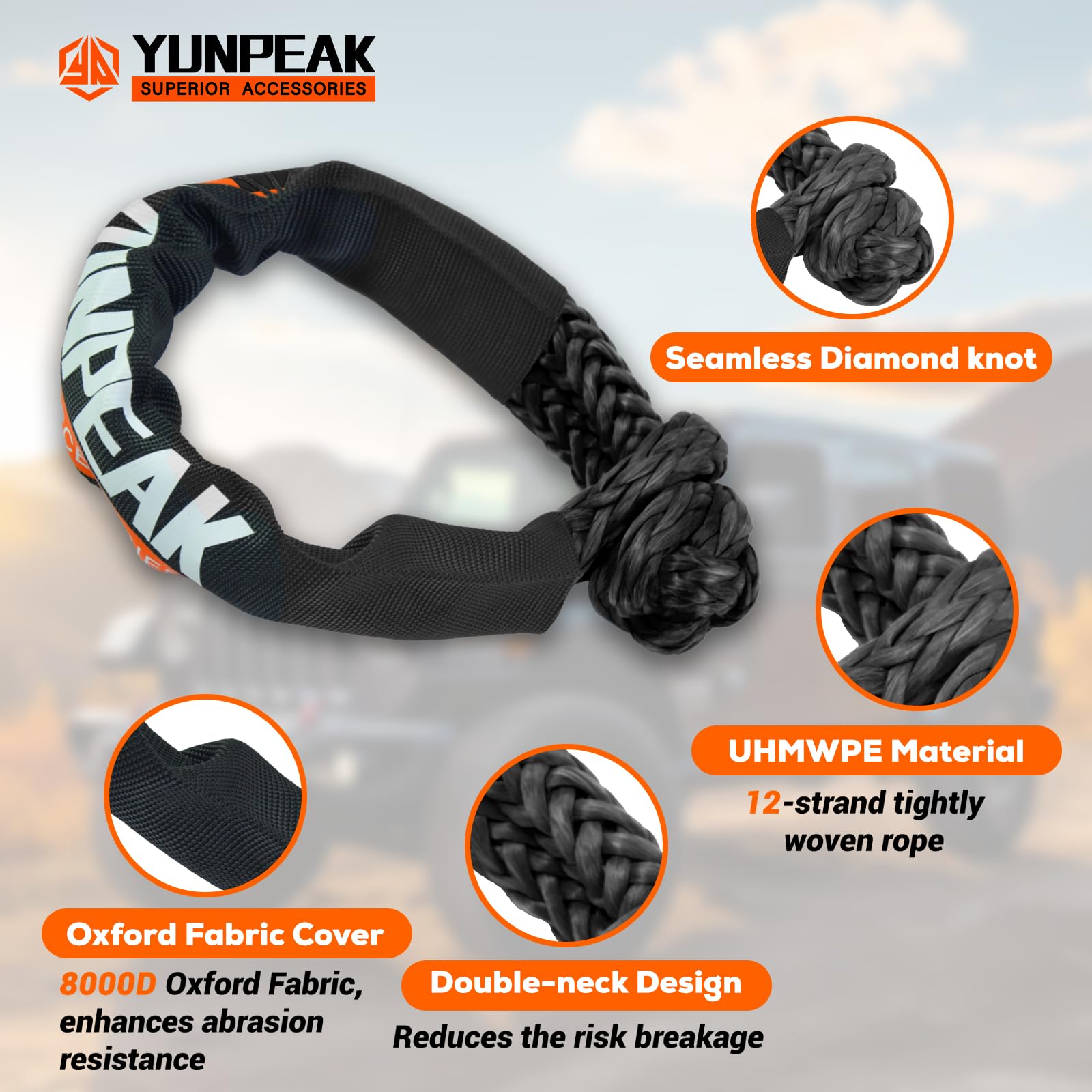 YUNPEAK soft shackles attached to rope demonstrating secure nonmetal connections benefit