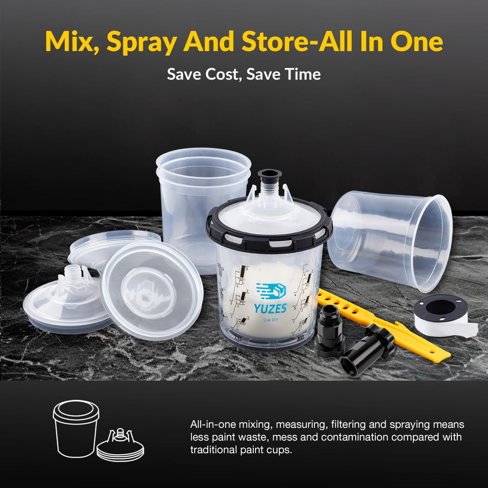 YUZES 190-micron filter lid detail protecting spray gun and improving finish