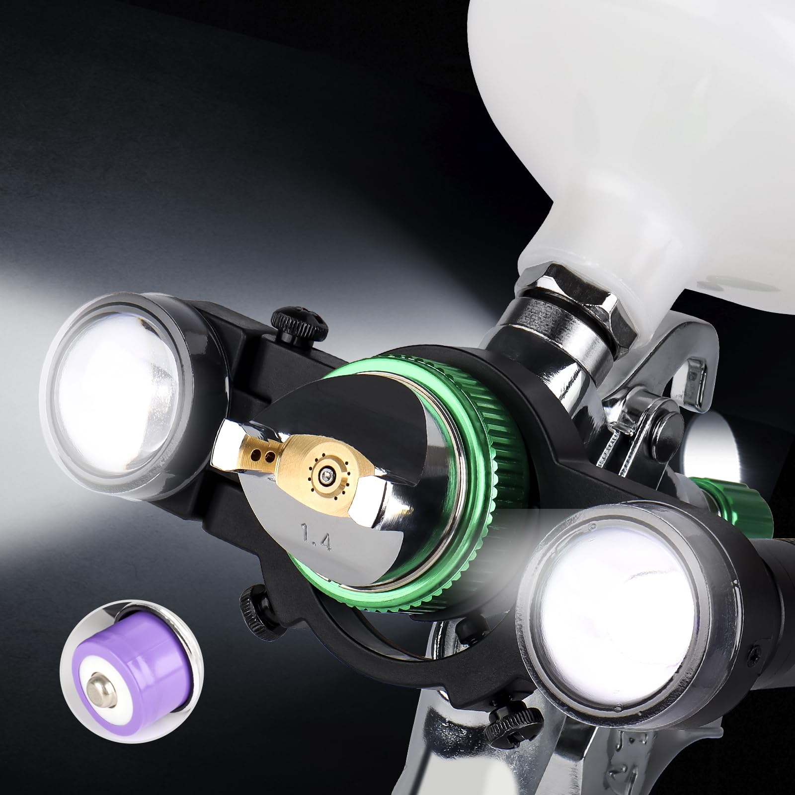 YUZES front view attachment mounted on spray gun showing improved visibility