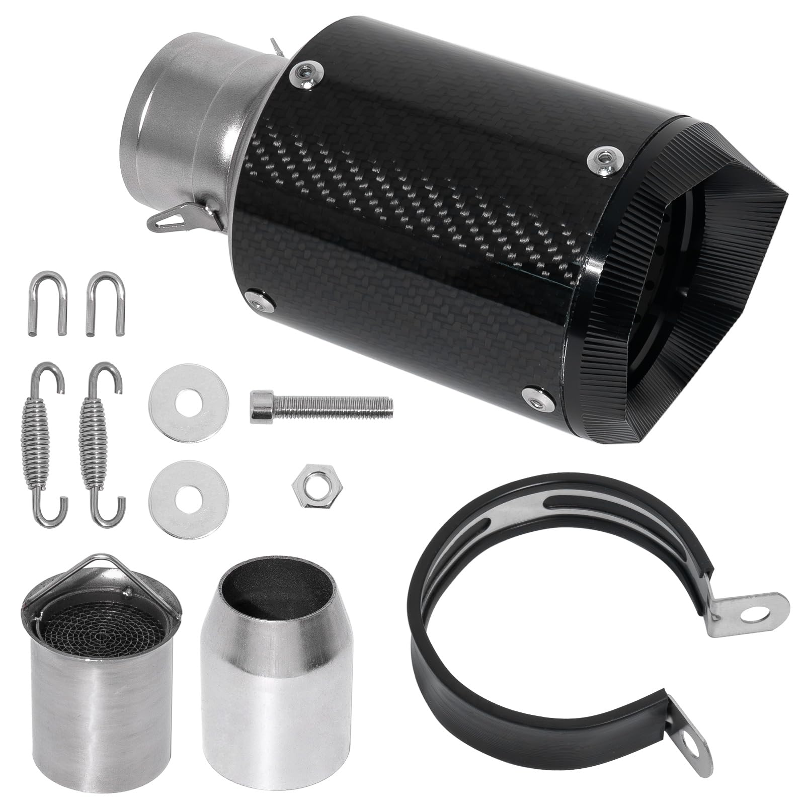 YZCHAIN carbon fiber muffler front view showing compact profile and sporty look