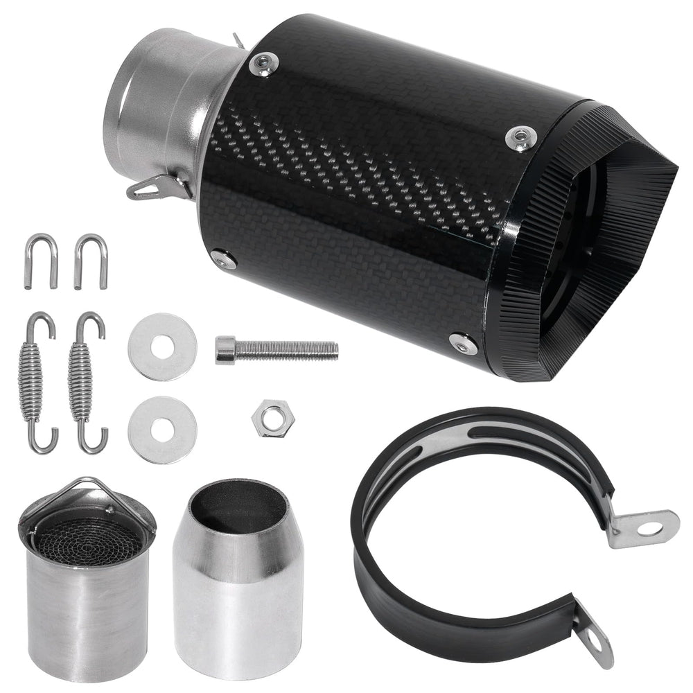 YZCHAIN carbon fiber muffler front view showing compact profile and sporty look