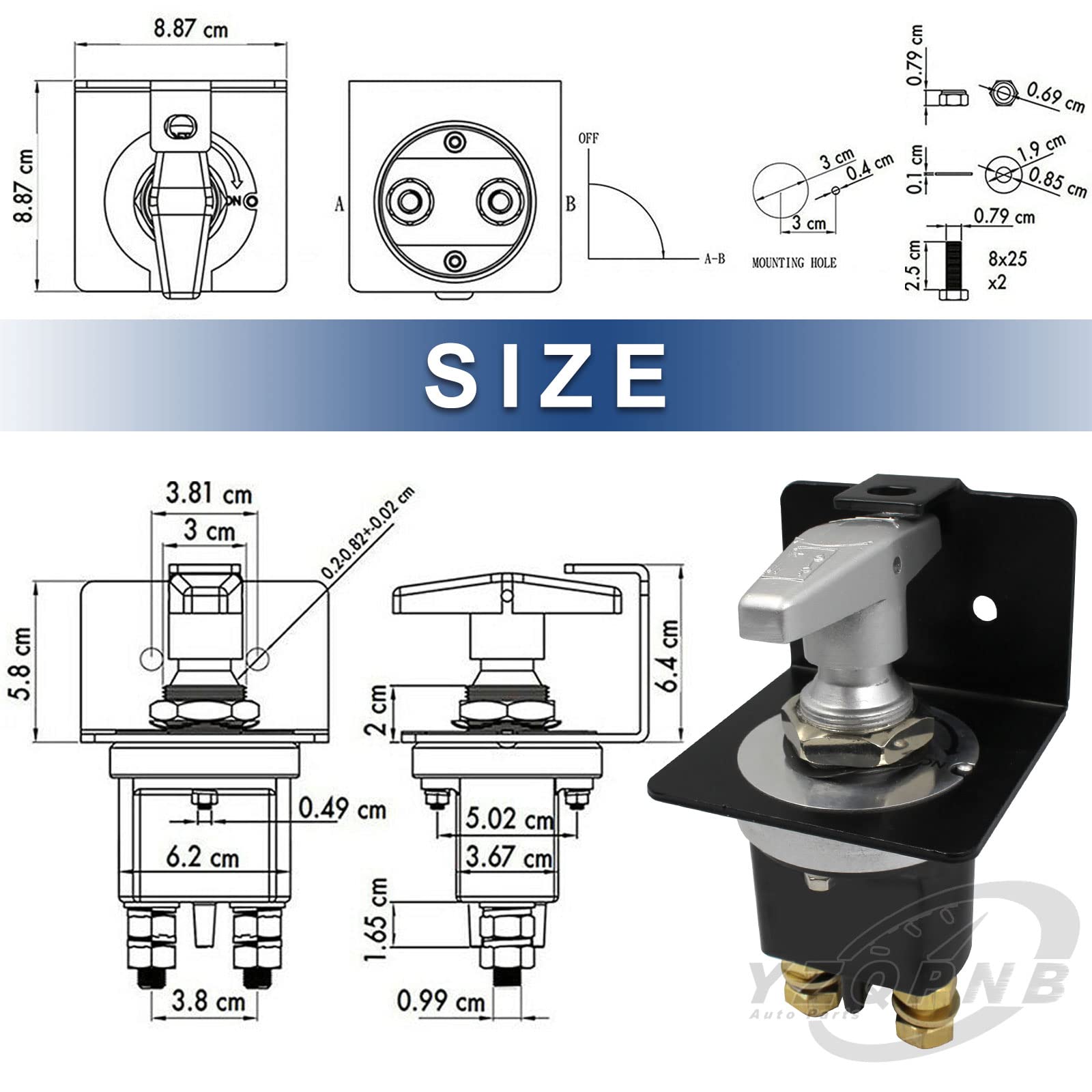 YZQPNB close-up of two 10mm threaded studs with nuts, secure cable attachment