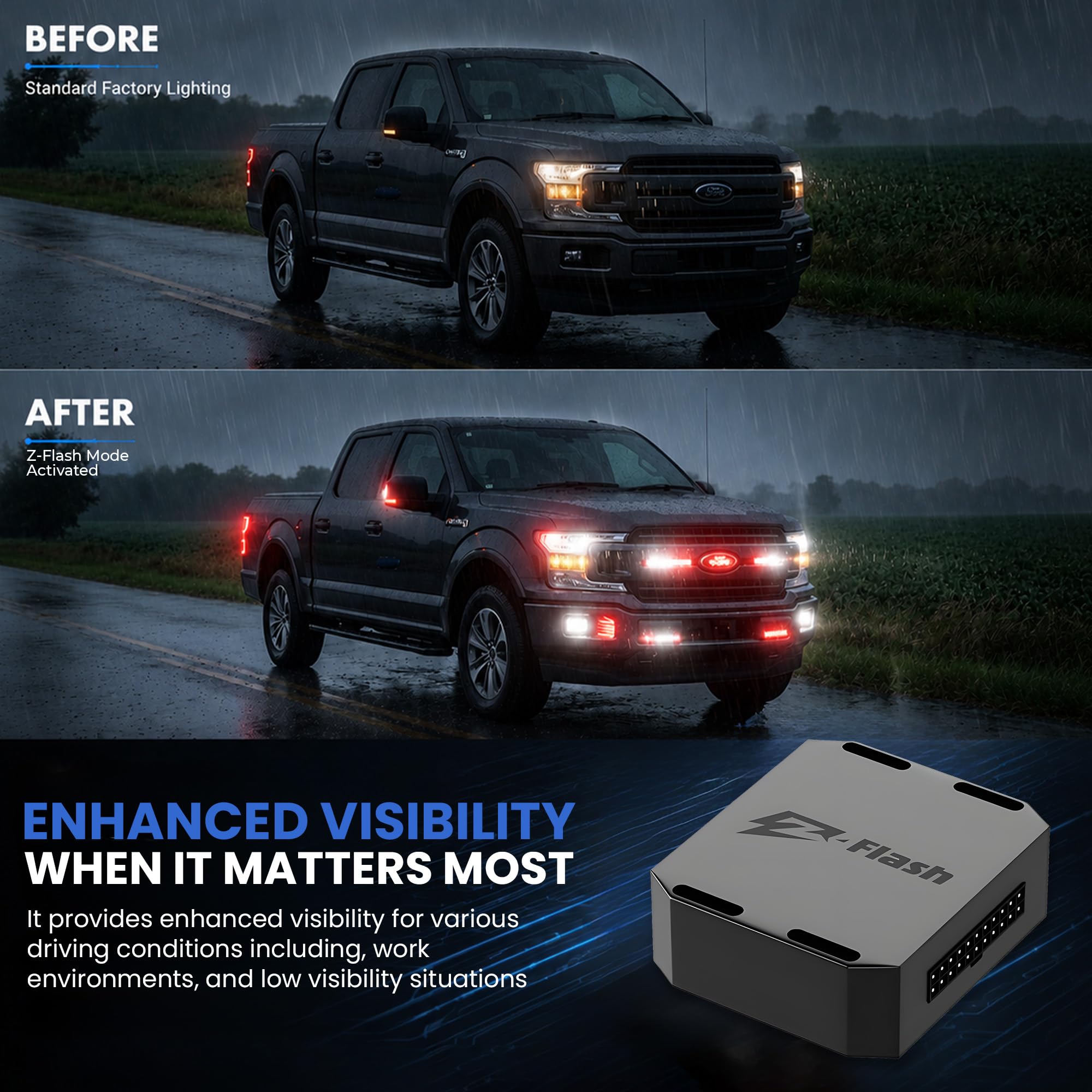 Z-Flash BCM 2300 activating F-150 front lights demonstrating improved roadward visibility