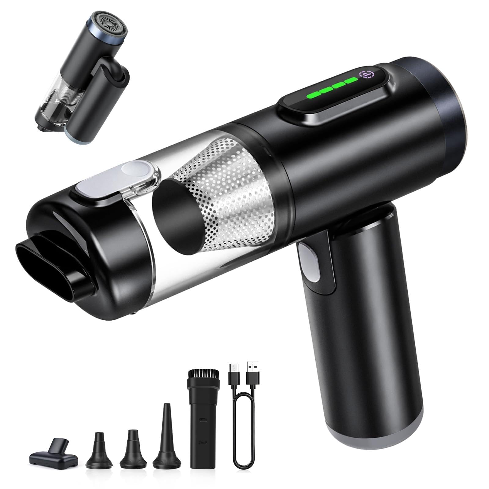 Zardali front view showing compact handheld vacuum and benefits of portable cleaning