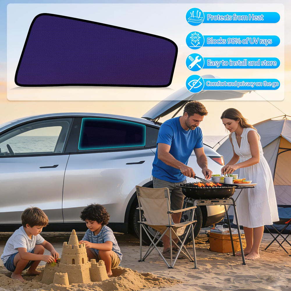 ZATOOTO shade beside rear seat illustrating exact Model Y fit and scale
