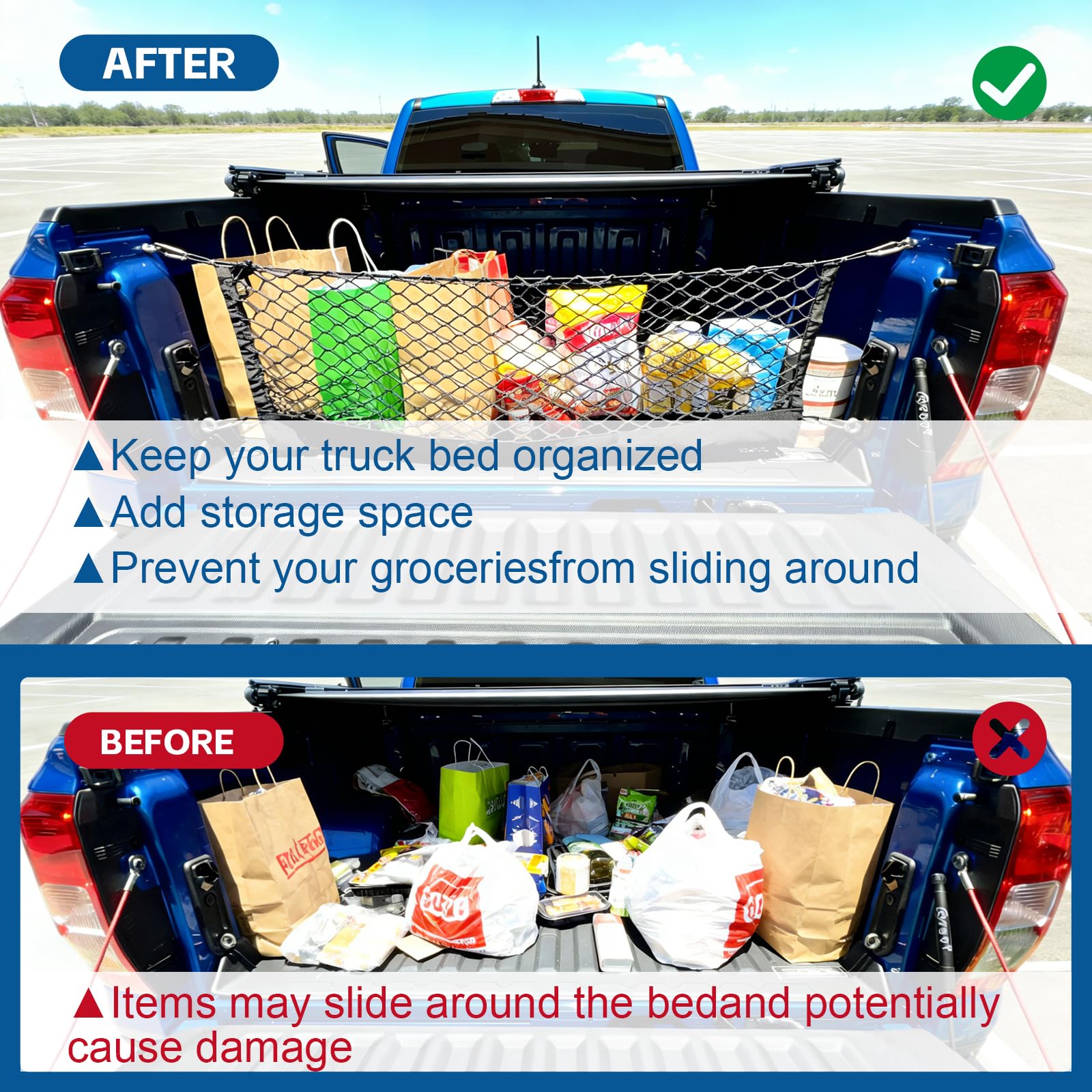 ZAZCQIL net installed in a Silverado preventing loose cargo movement