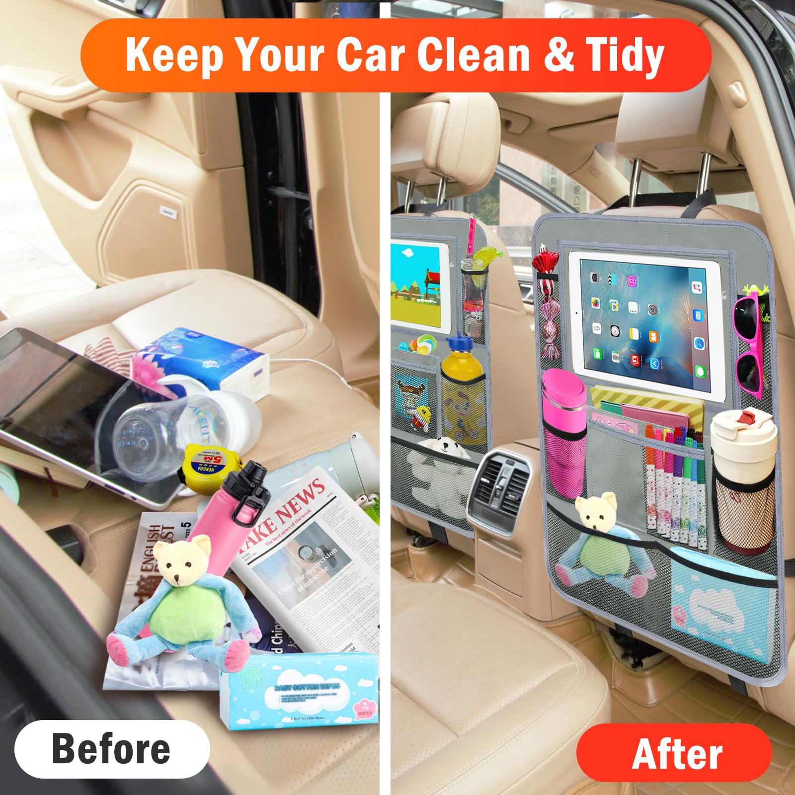 Zecirl lifestyle shot with family in car demonstrating tidy backseat storage