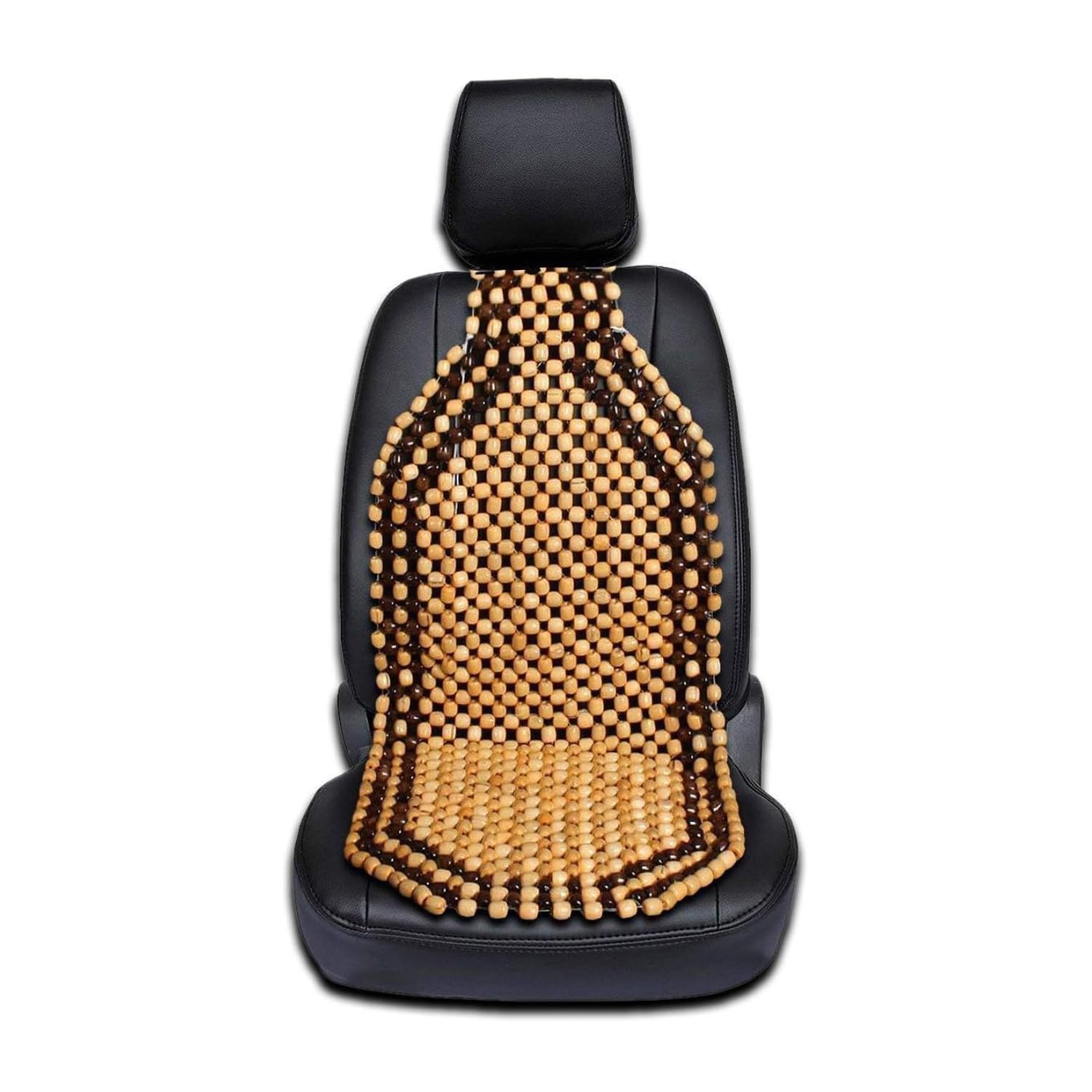 Zento Deals front view of wood beaded seat cover showing fit and finish benefit breathable comfort