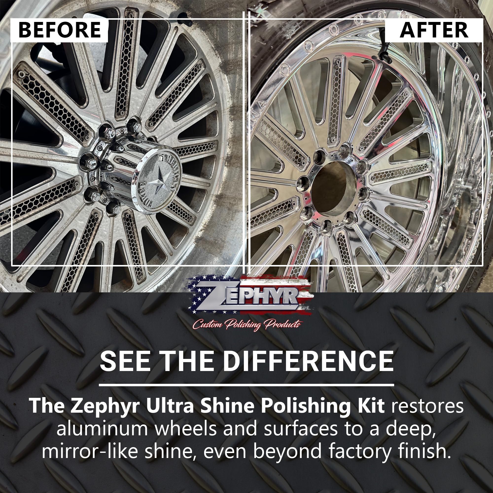 Zephyr polished lifted truck wheels lifestyle shot showing showroom shine