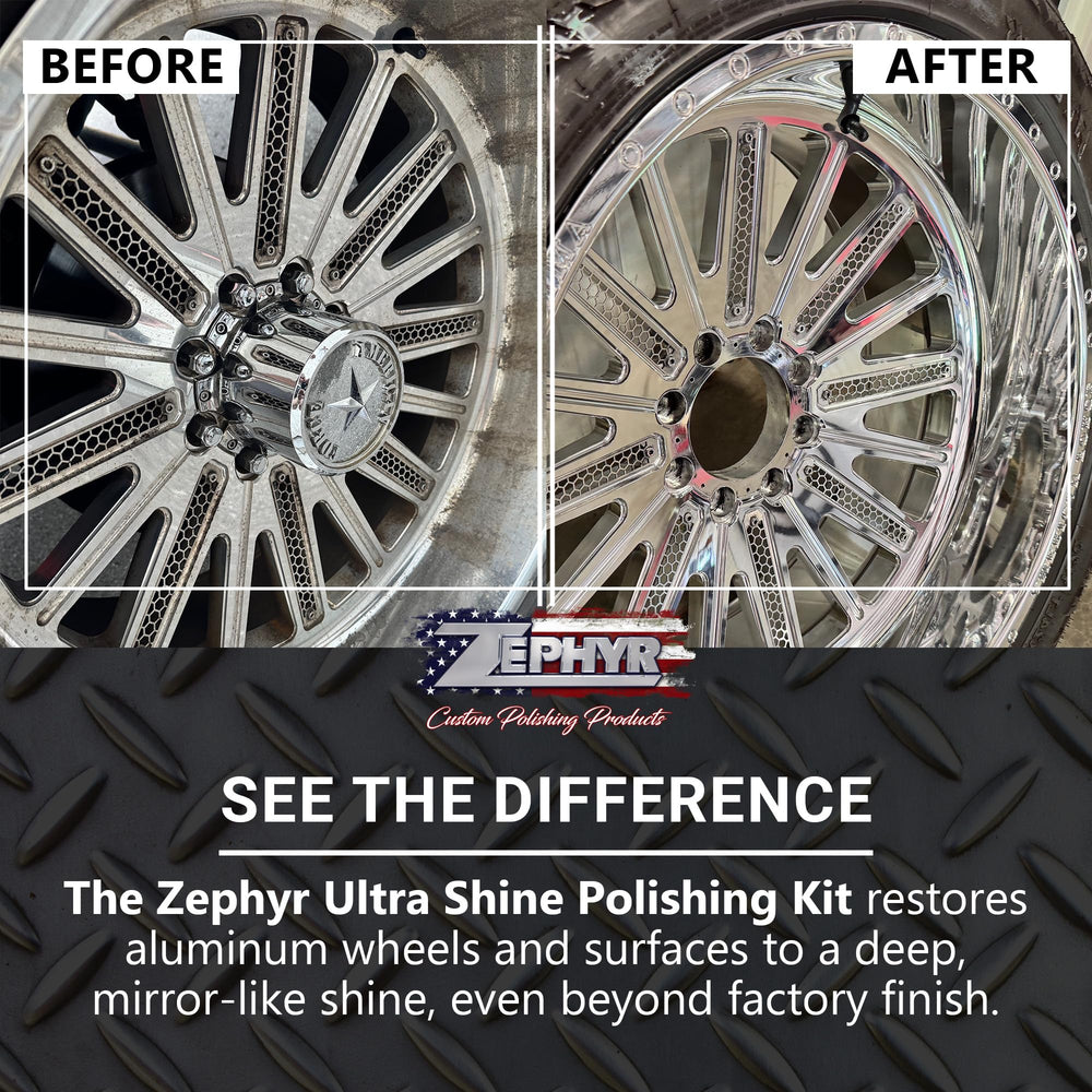 Zephyr polished lifted truck wheels lifestyle shot showing showroom shine