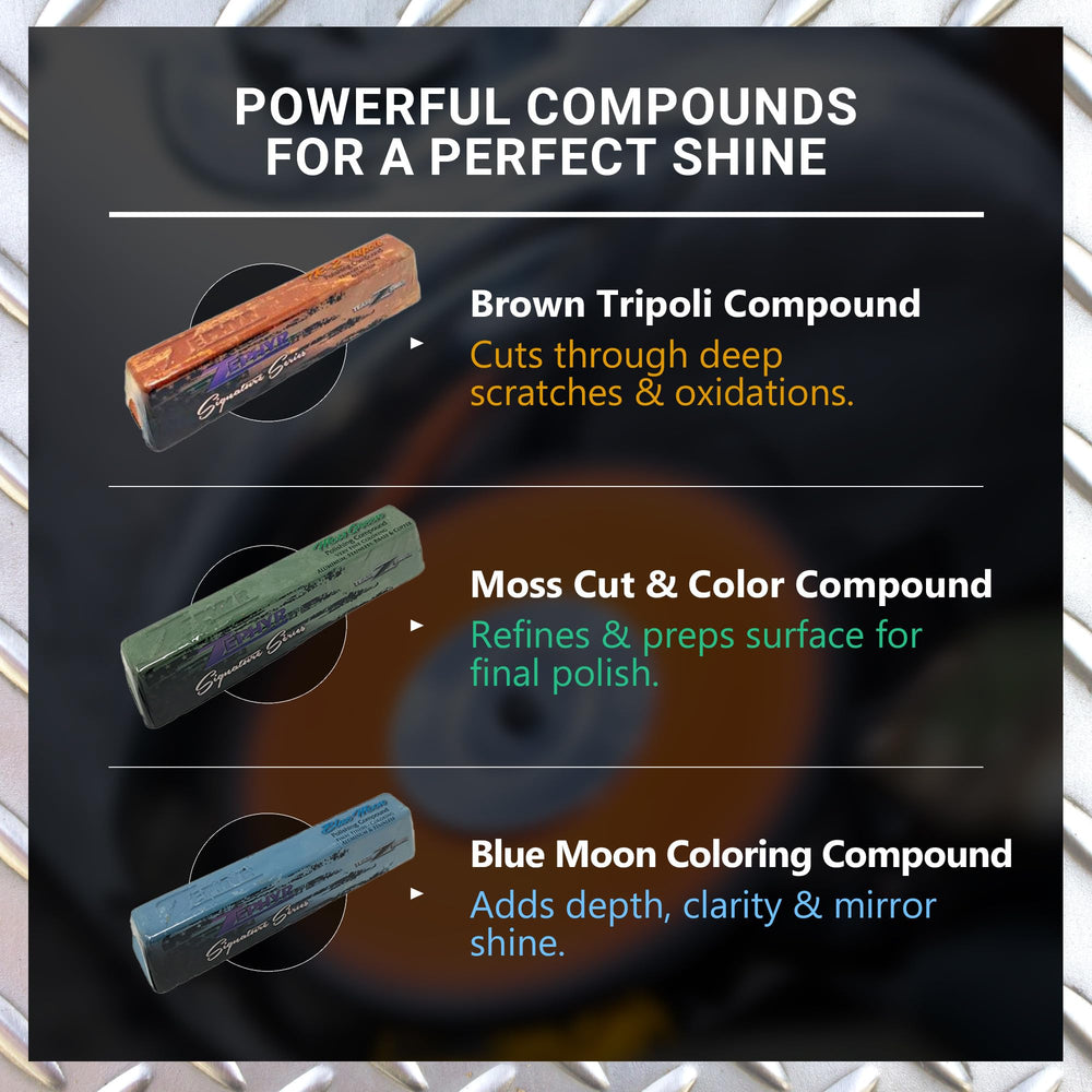 Zephyr Pro 25 polish and compound bars displayed for controlled refinishing