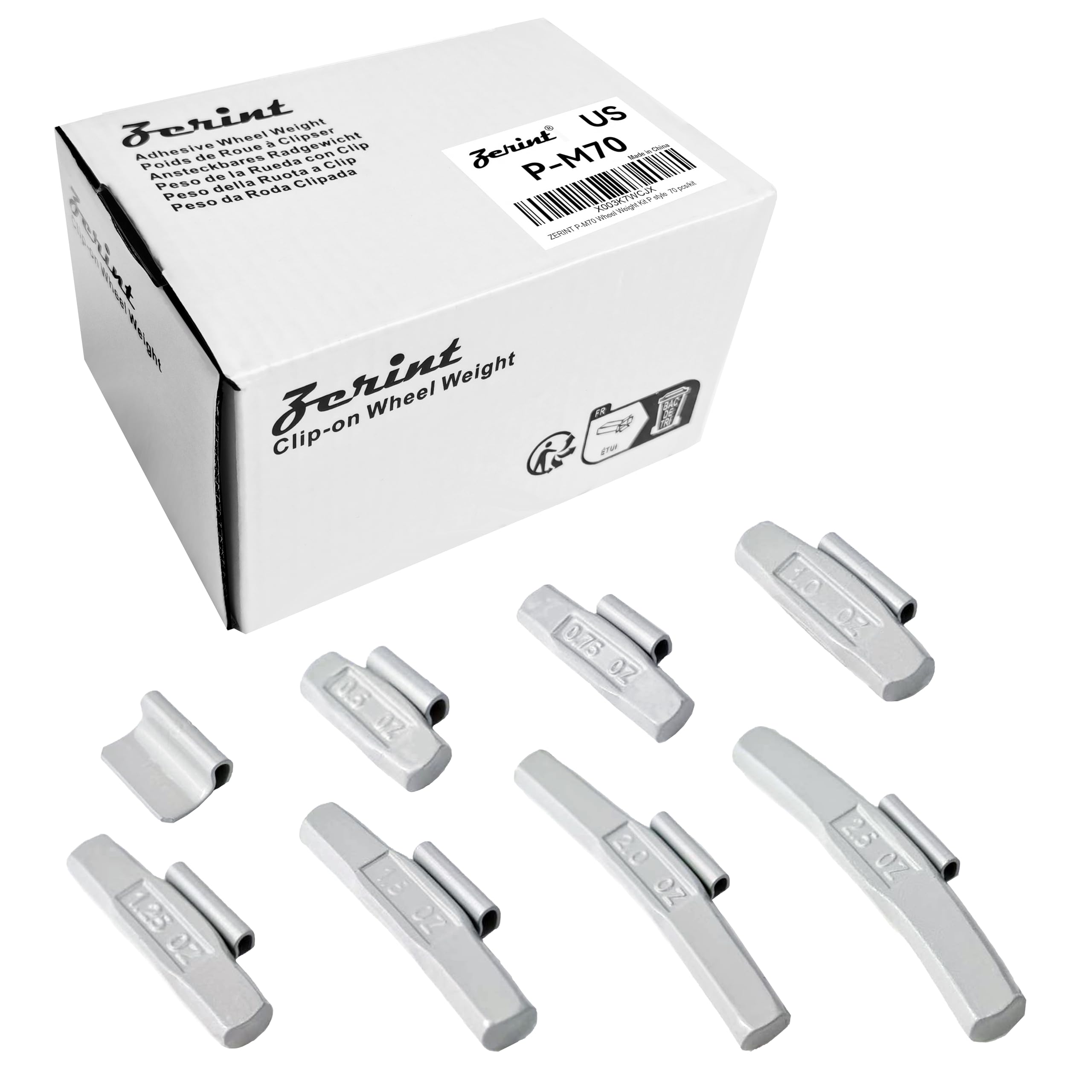 ZERINT front packaging showing the 70-piece grey P-style wheel weight kit and organized layout