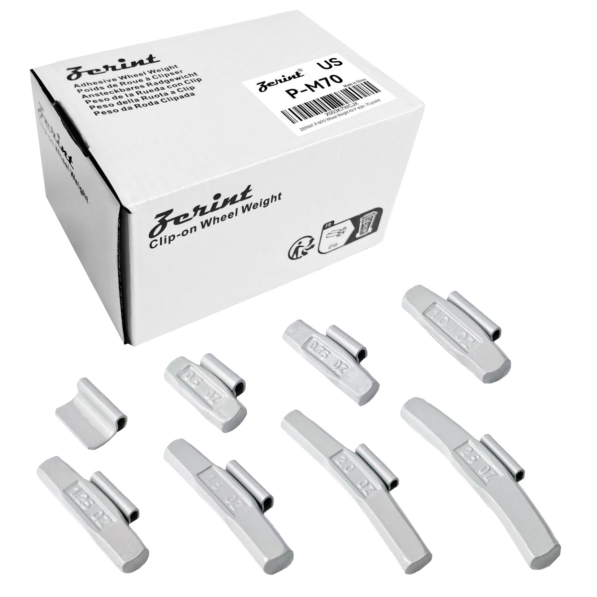 ZERINT front packaging showing the 70-piece grey P-style wheel weight kit and organized layout