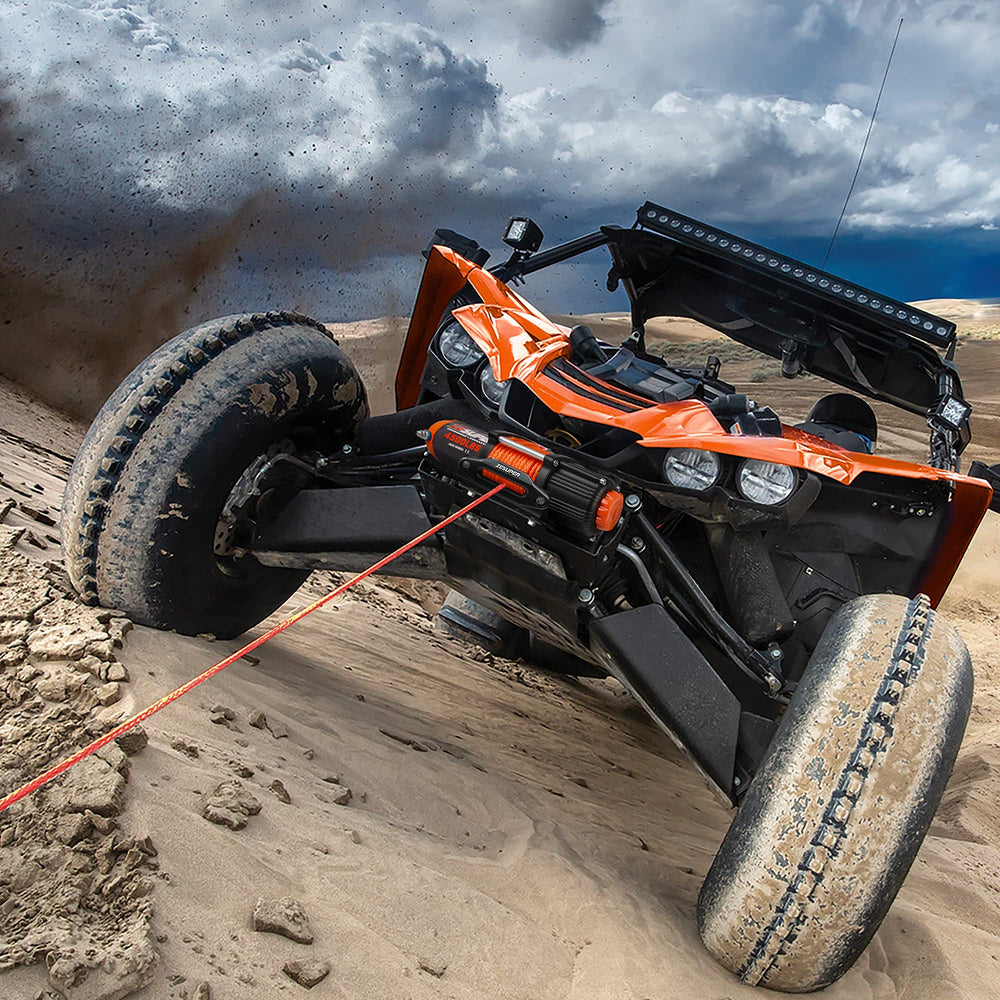 ZESUPER winch in off-road recovery scene demonstrating practical outdoor use