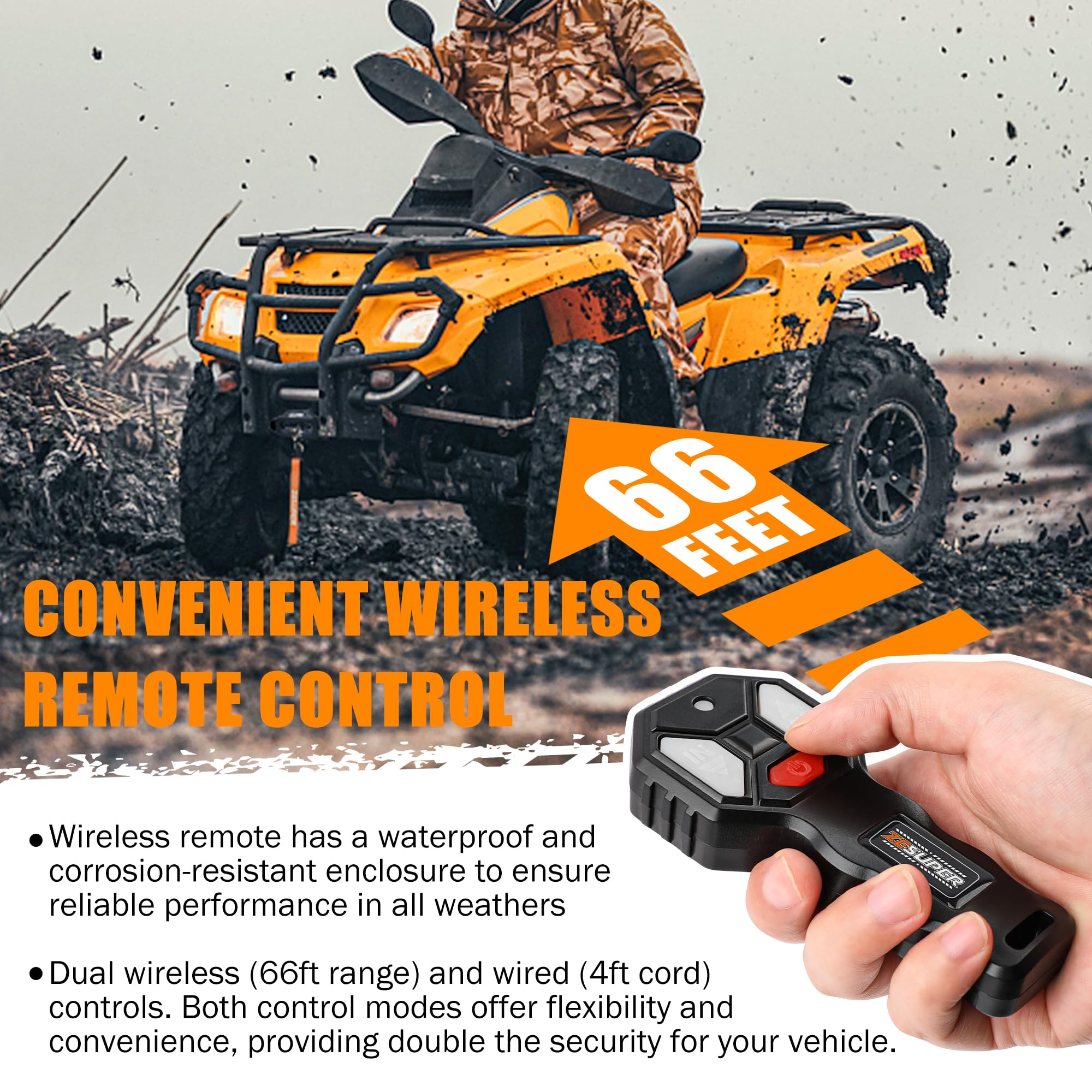 ZESUPER winch installed on ATV for scale and vehicle compatibility illustration