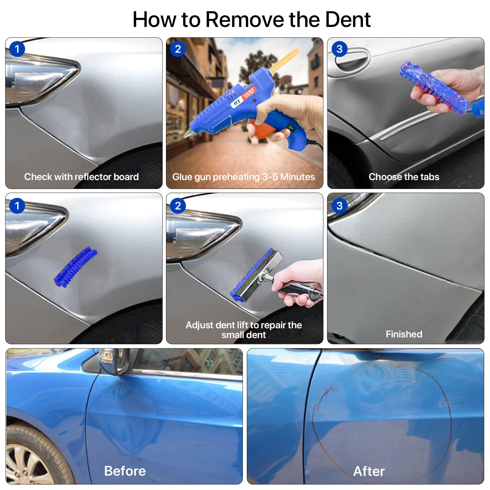 ZEUSFIRE hot glue sticks and assorted tabs showing adhesive options for different dent sizes
