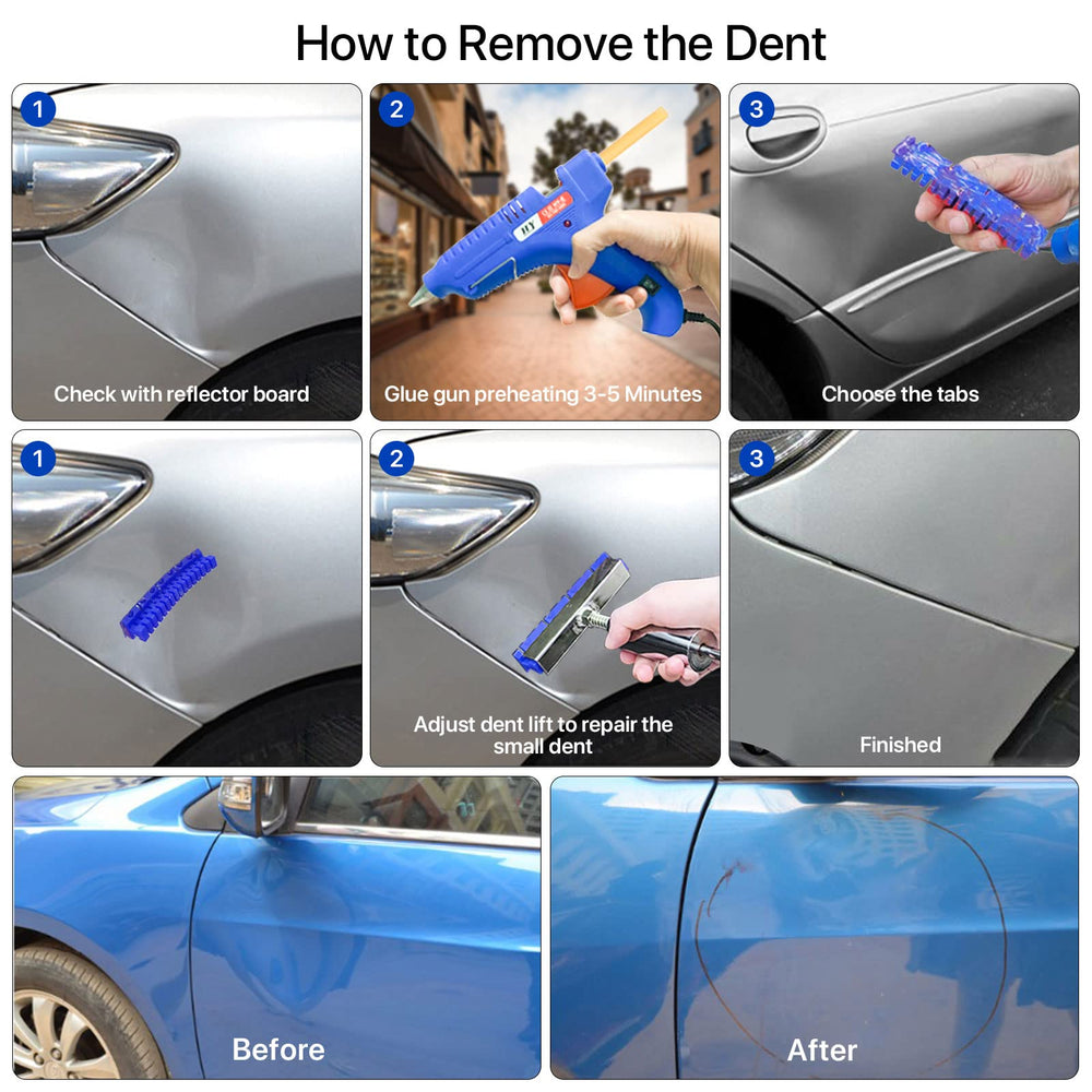 ZEUSFIRE hot glue sticks and assorted tabs showing adhesive options for different dent sizes
