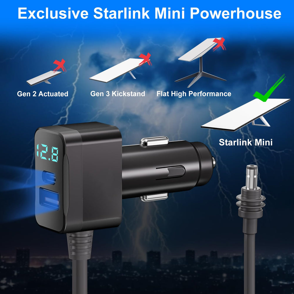 Zhaumim adapter powering Starlink Mini on an RV roof in a campsite lifestyle scene for mobile internet
