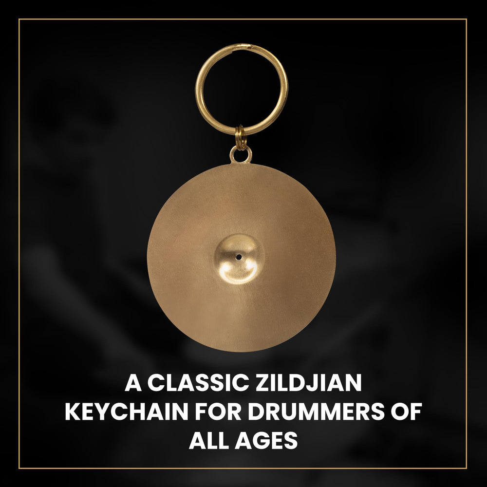 Zildjian mini cymbal attached to keys illustrating convenient organization benefit