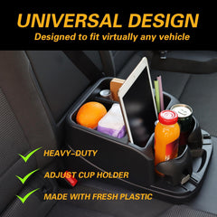Zinytrae compartments filled with phone, cables, snacks for neat storage