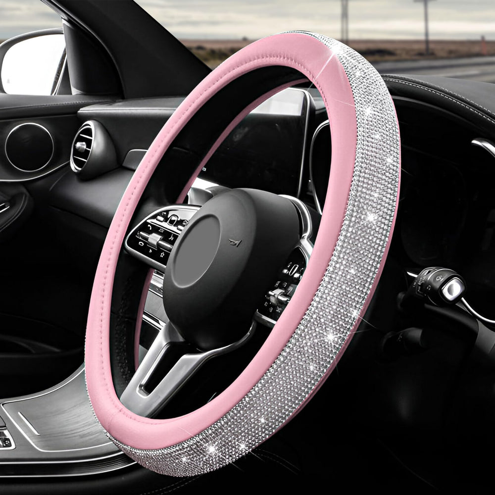 ZNDAW front view of white and pink diamond steering wheel cover showing sparkle and style