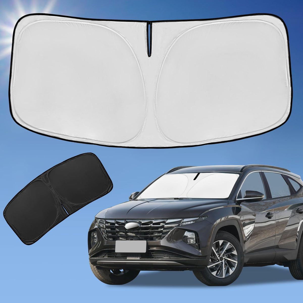 ZOIBV front view of windshield shade on Tucson showing custom fit and protection