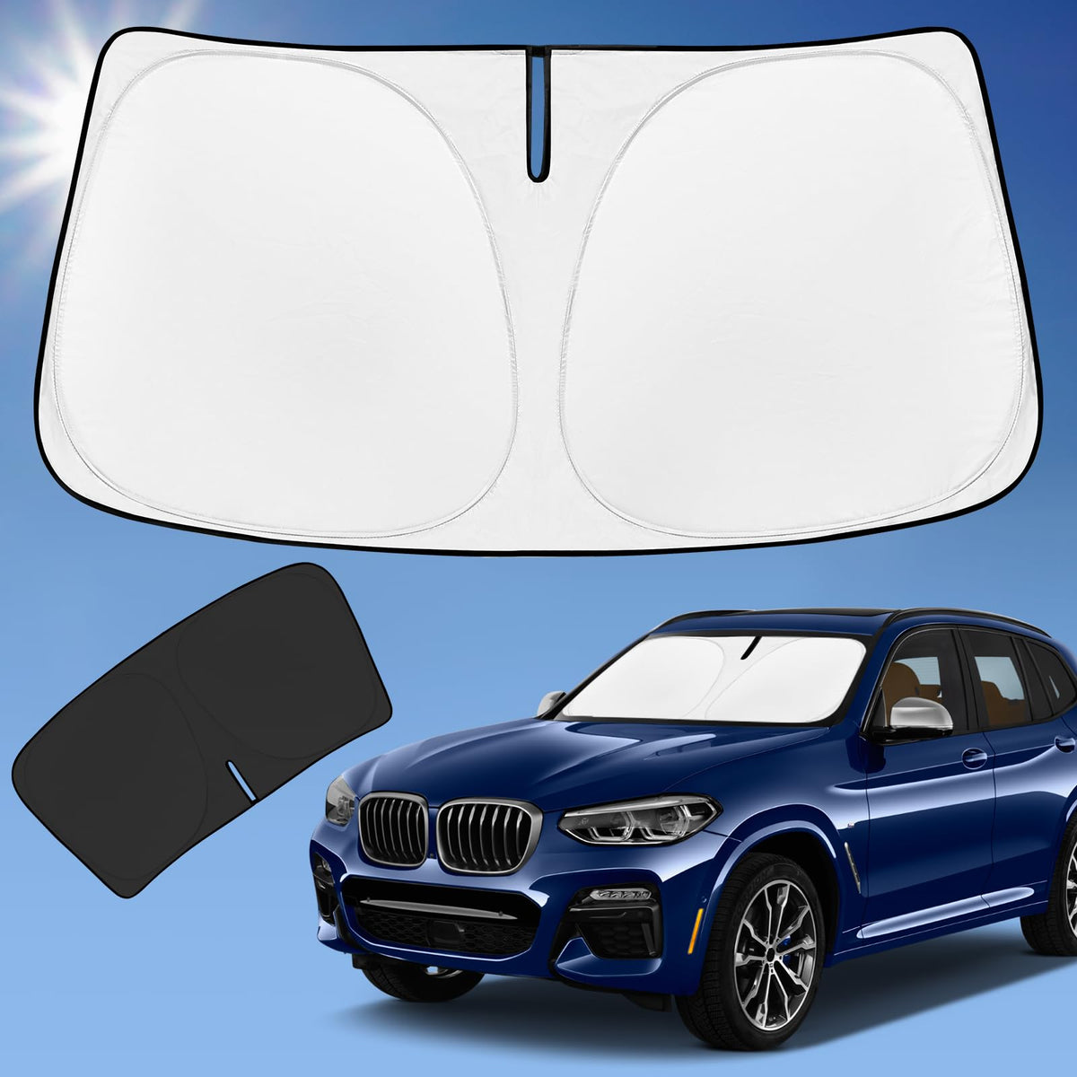 ZOIBV front view sunshade showing full windshield protection and reduced glare