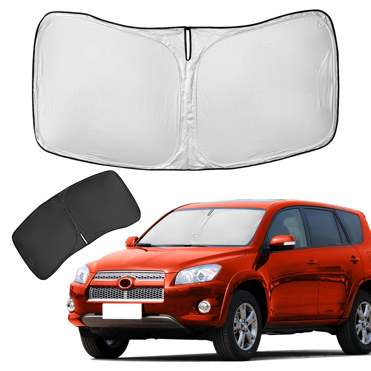 ZOIBV front view showing full-cover fit on RAV4 windshield to block sun