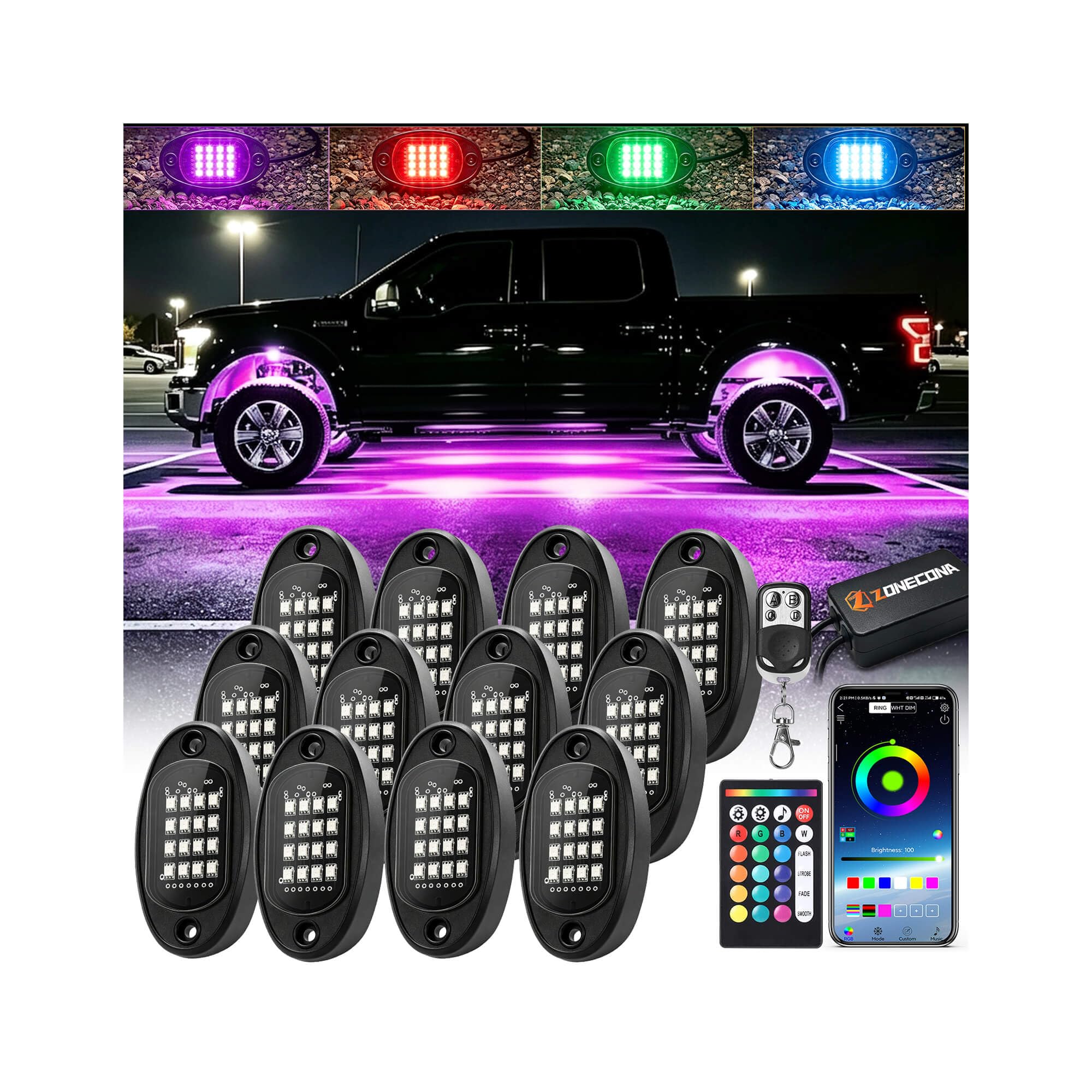 ZONECONA front view showing underglow and bright multicolor effect benefit visibility