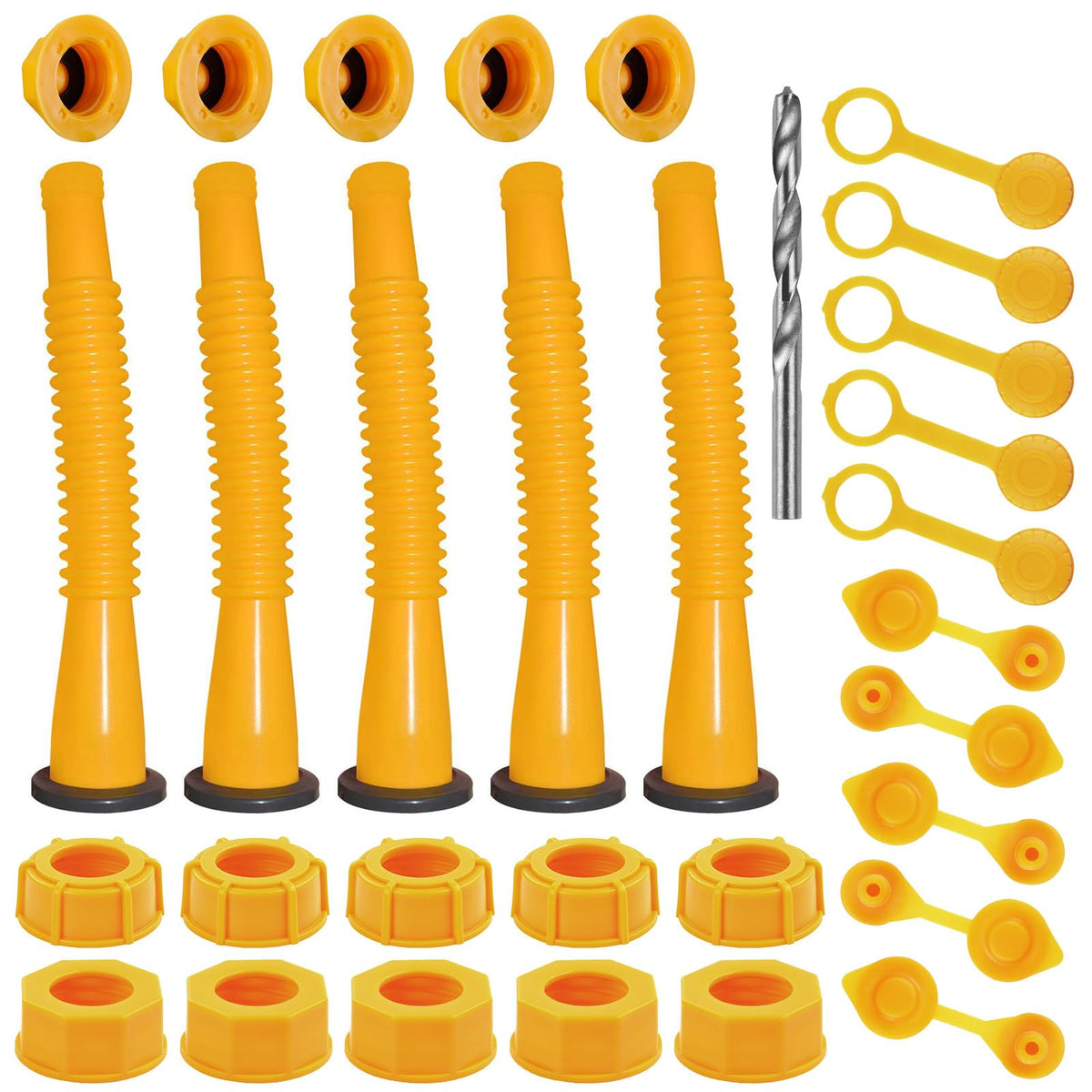 Zoolowua front packaging showing five yellow gas can spouts and spare collars for quick identification and purchase