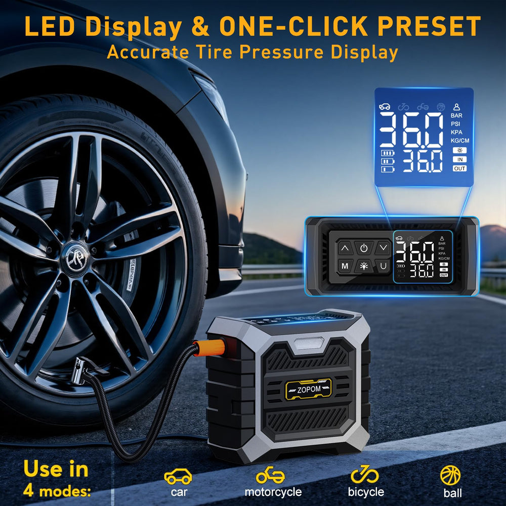 ZOPOM inflator attached to a car tire demonstrating fast inflation