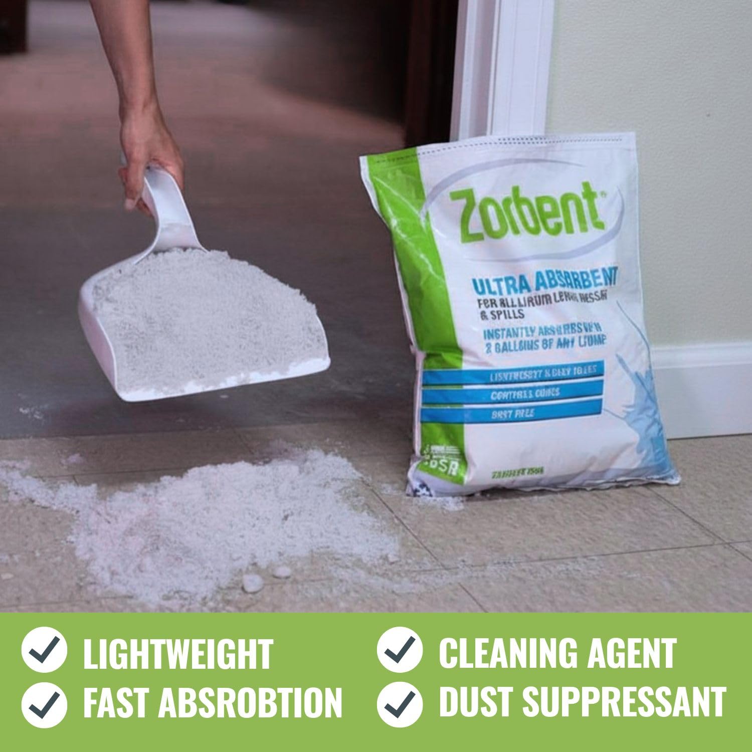 Zorbent absorbing an automotive oil spill on garage concrete for safer cleanup