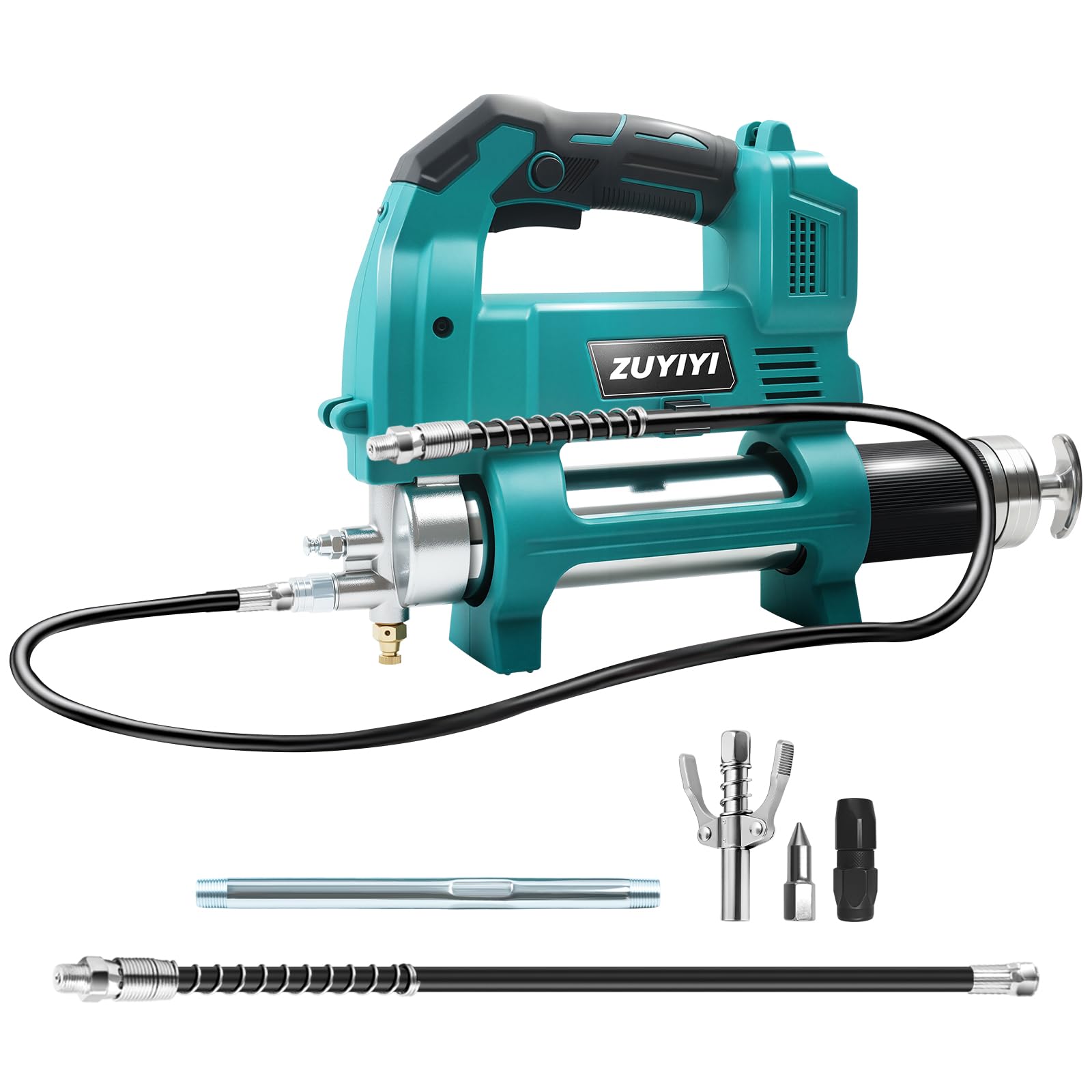 ZUYIYI grease gun front view showing hoses and controls, improves workflow