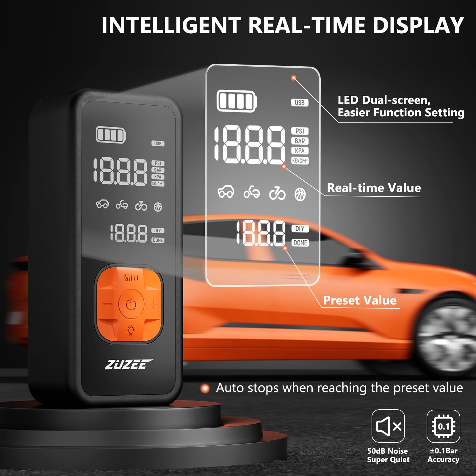 ZUZEE Z1 inflating a car tire demonstrating quick, reliable pressure fill