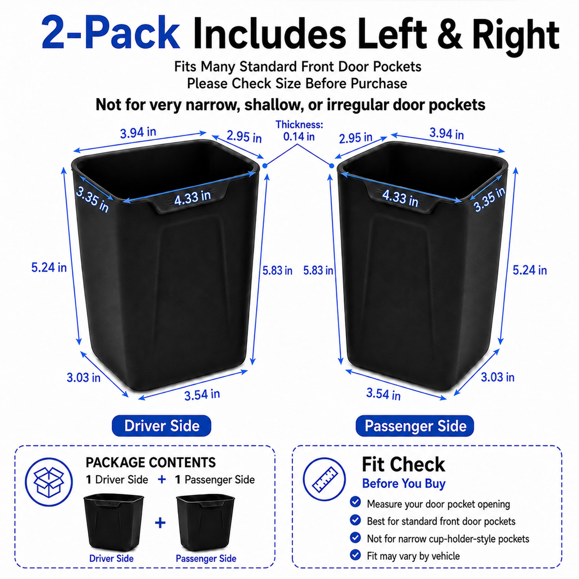 ZYNYDEA side profile driver and passenger bins demonstrates mirrored fit