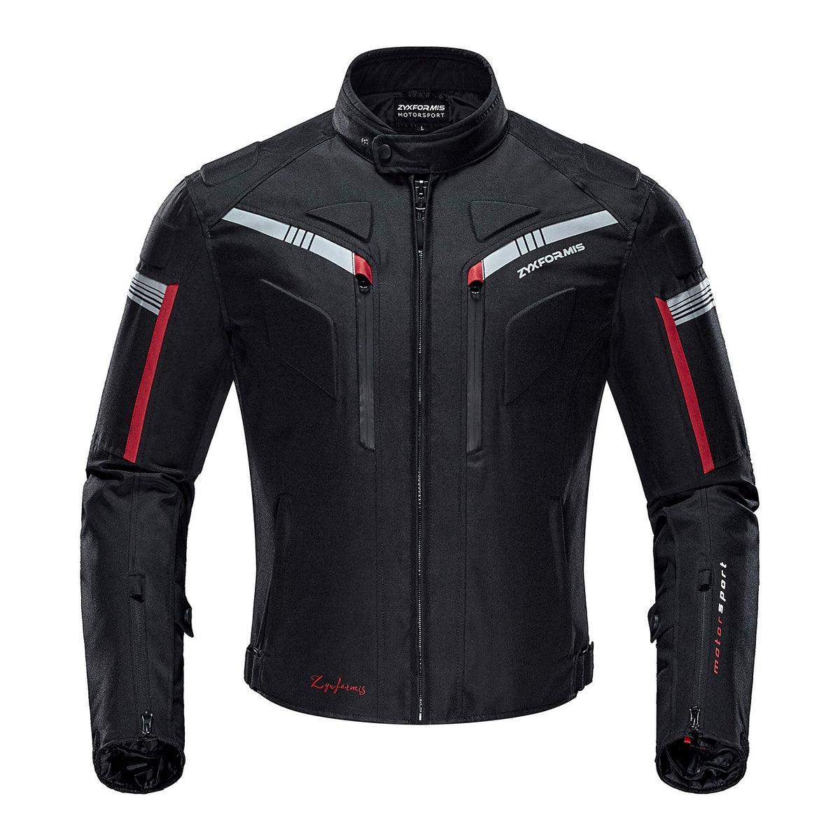 Zyxformis jacket front view showing fit and reflective stripes for safer visibility